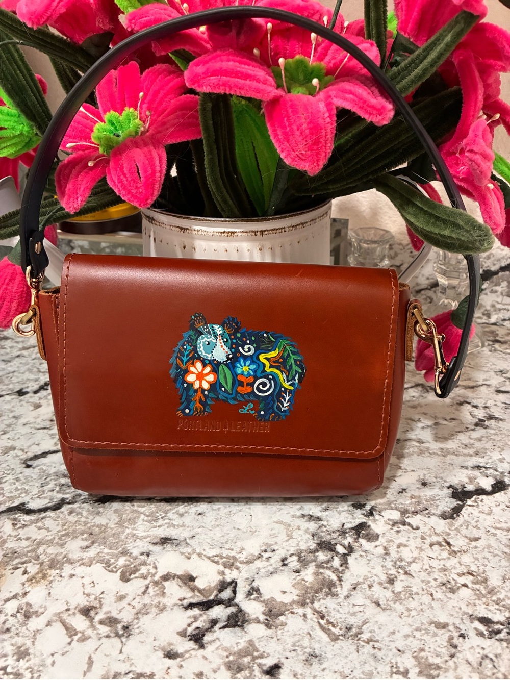 Portland Leather Cognac Shoulder Bag with Colorful Floral Bear Patch